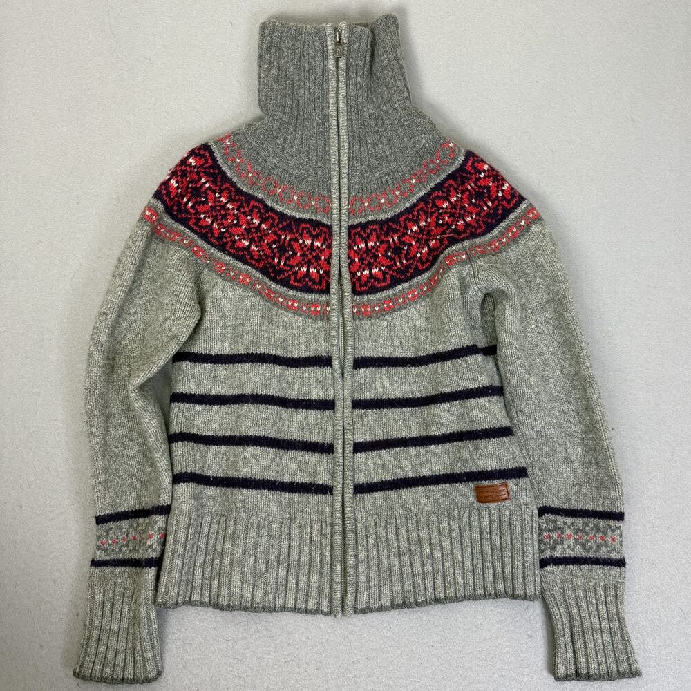 Peak Performance Womens Wool Sweater L Gray Nordic Pattern Zip Neck